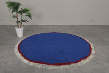 Round Moroccan Wool Rug - Blue Handmade Carpet with Fringe