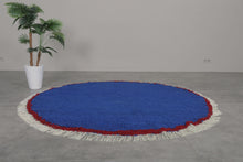 Round Moroccan Wool Rug - Blue Handmade Carpet with Fringe