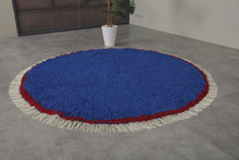 Round Moroccan Wool Rug - Blue Handmade Carpet with Fringe