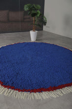 Round Moroccan Wool Rug - Blue Handmade Carpet with Fringe