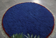 Round Moroccan Wool Rug - Blue Handmade Carpet with Fringe