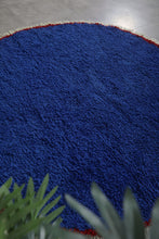 Round Moroccan Wool Rug - Blue Handmade Carpet with Fringe