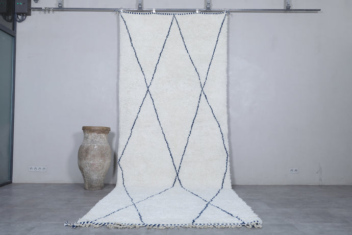 Handmade Moroccan Wool Rug with Blue Geometric Lines